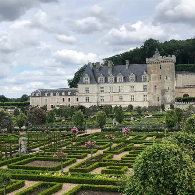 The façade of the Château de Villandry above the parterres