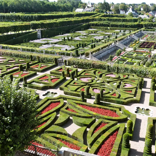 The ornamental kitchen garden of Villandry from above, squares of vegetables in colour