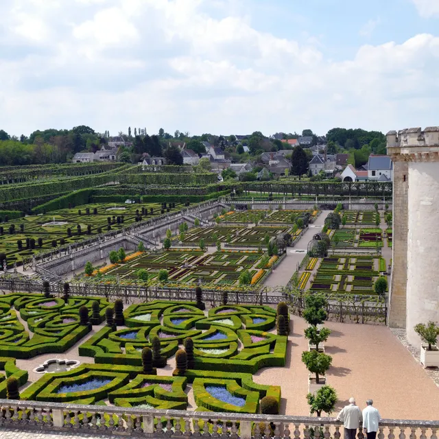 The terraced gardens of Villandry seen from the château with the village beyond